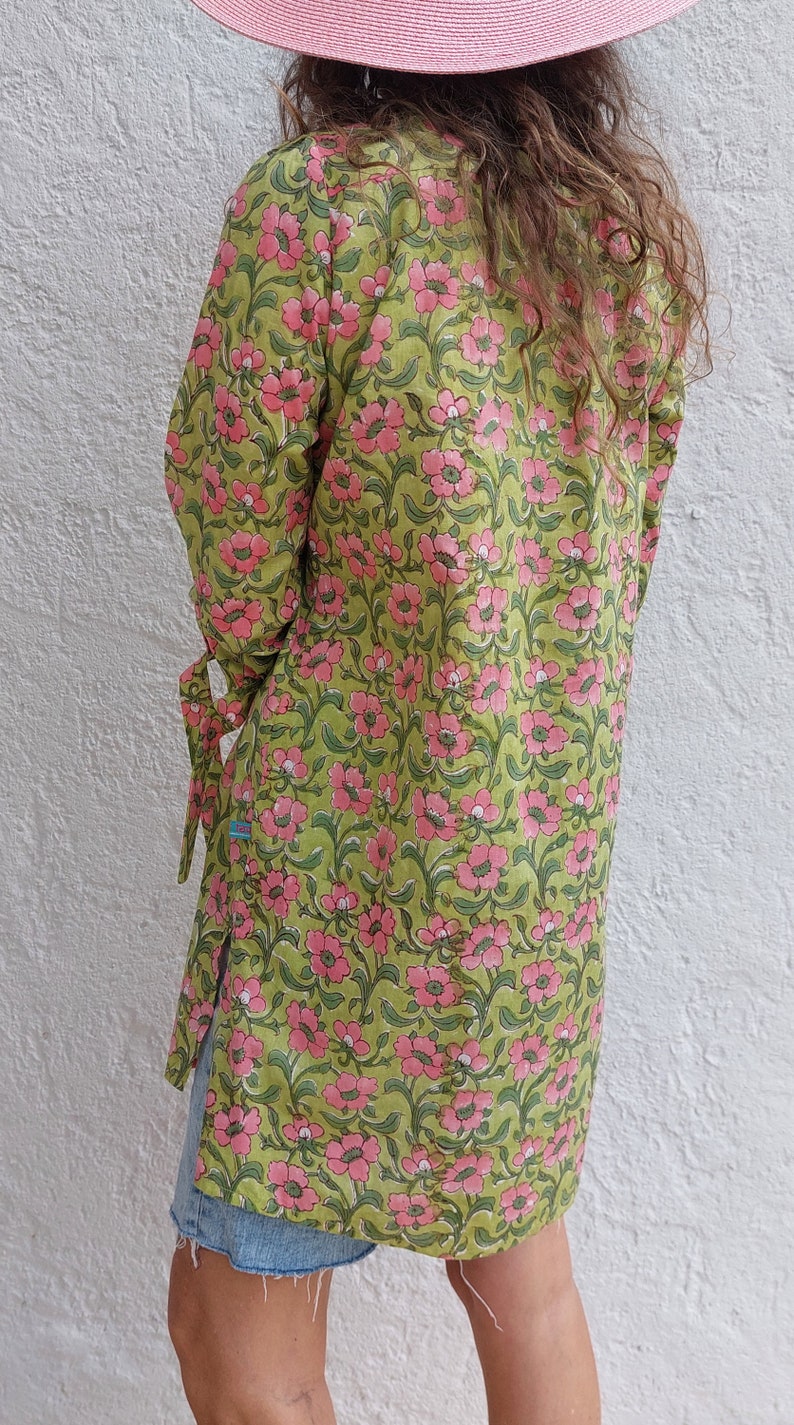 Hand Block Printed Cotton Popover Shirt – Green & Pink Floral Blouse, Front Pleated Boho Shirt, Hippie Chic Cotton Top, Limited Series image 3