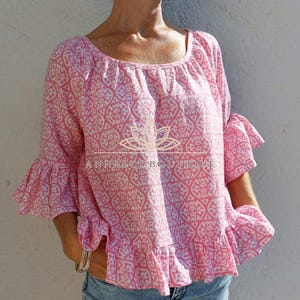 Ruffled Cotton Top – Pink Print Boho Blouse, Soft Cotton Hippie Chic Summer Top, Round Neck Artisan Blouse, Limited Series