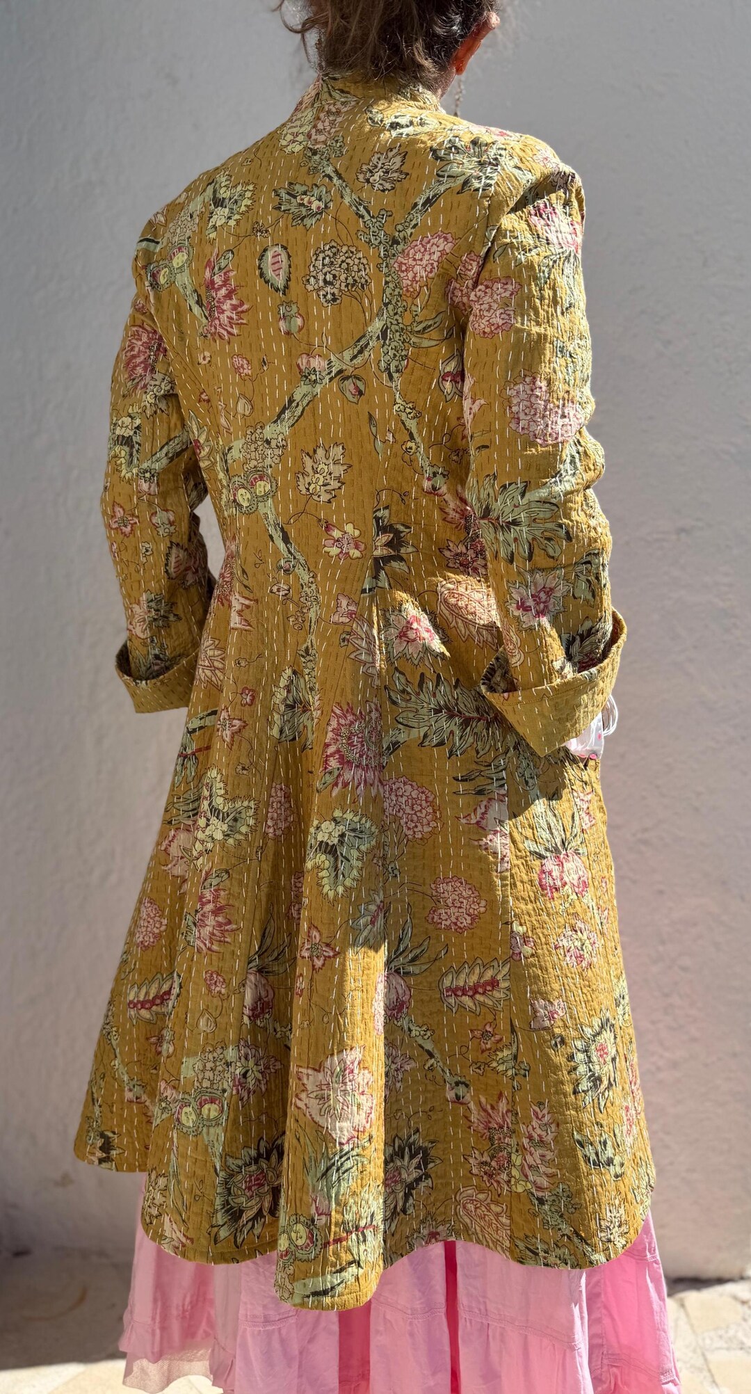 Hydrangea Patterned Jacket Boho Cotton Frock Coat – Solar Yellow Floral Jacket, Pink Hydrangea ...