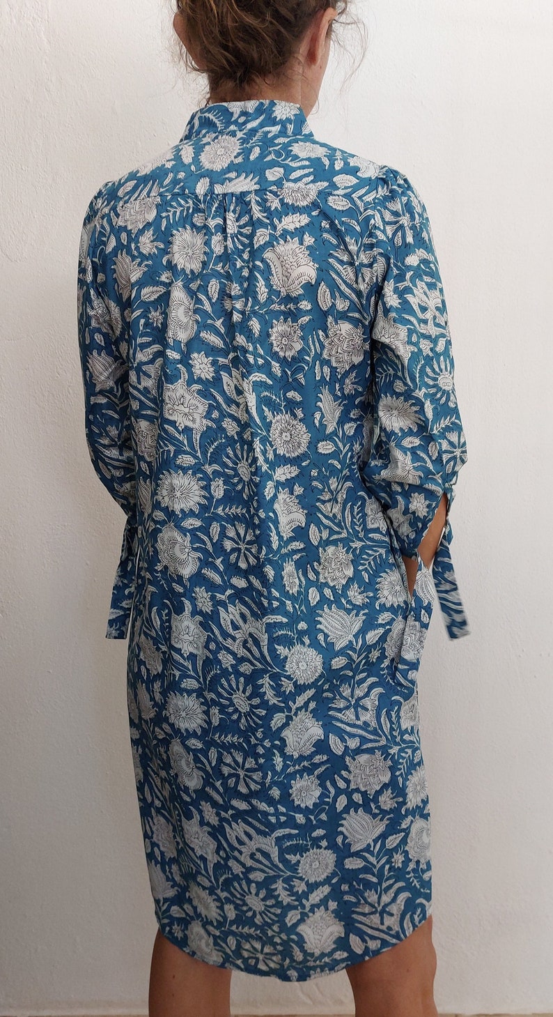 pleat tunic-dress in cotton, blue-white image 3