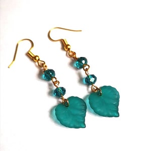 Teal green LEAF glass charm EARRINGS gold plated crystal bead drop dangle 50mm women’s boho  trinket jewellery