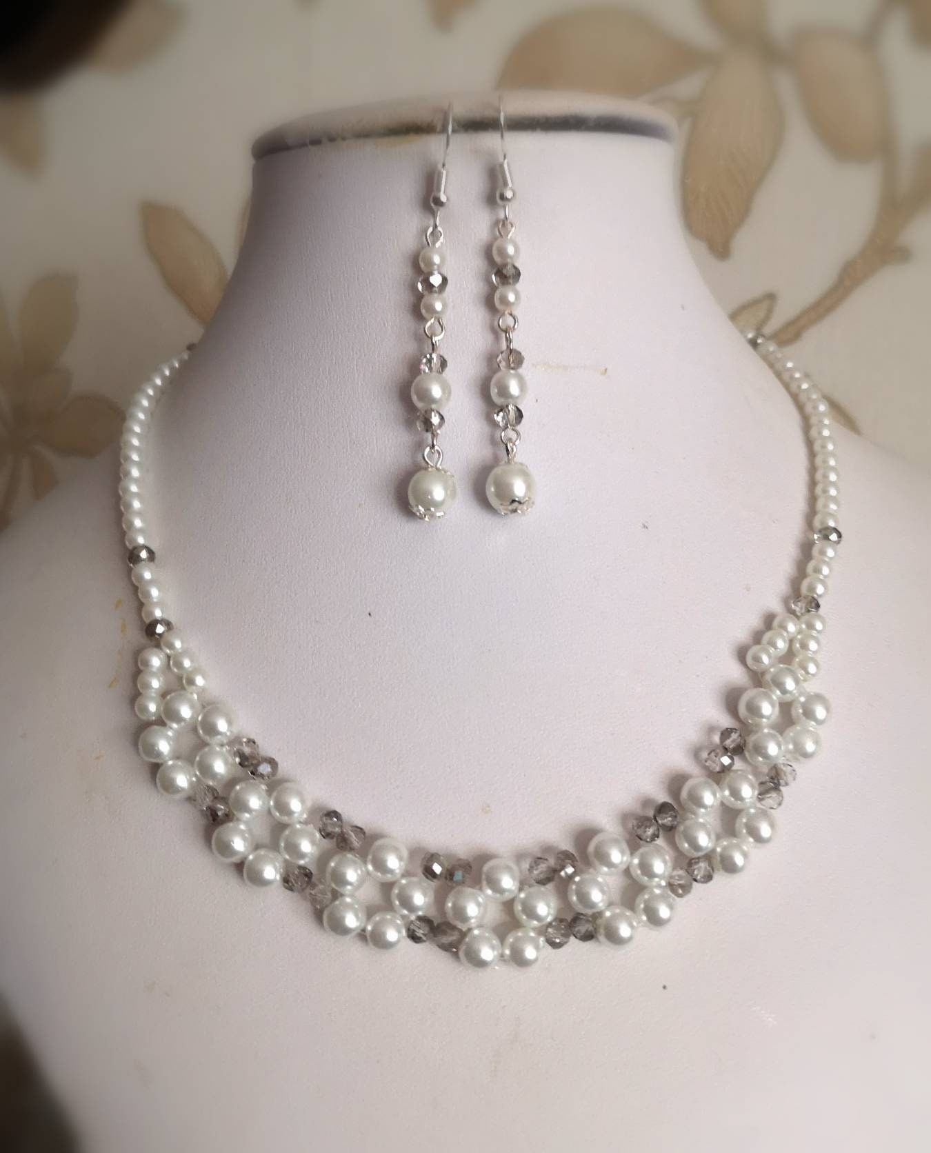 Parure Collier & Boucles D'Oreilles – Perles Verre Facettes Porcelaine Verte Dorée – Neuf
