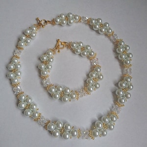 Women’s white glass Pearl Bead Necklace Set Bridal Prom GOLD bracelet earrings 16" jewellery gift wedding summer evening