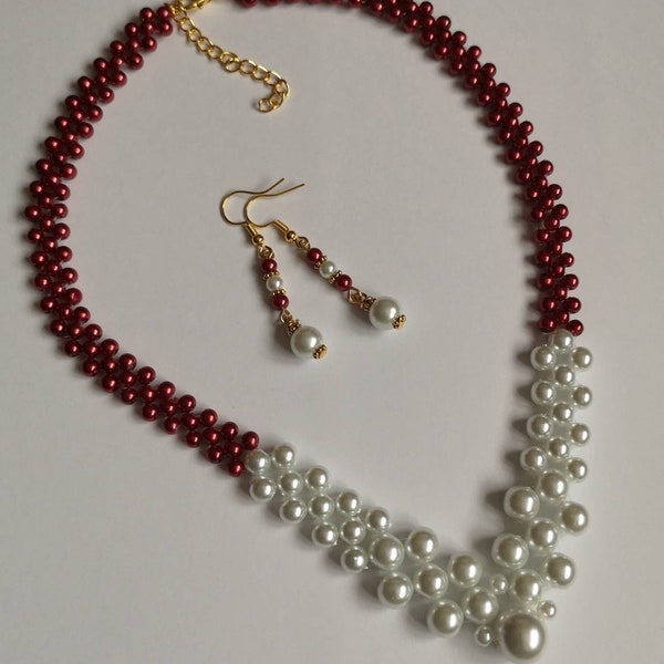 White & Red pearl beaded necklace set 18" glass earrings women's party evening accessories gift