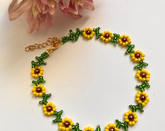 Sunflower seed bead choker necklace yellow green glass womens boho floral summery gift
