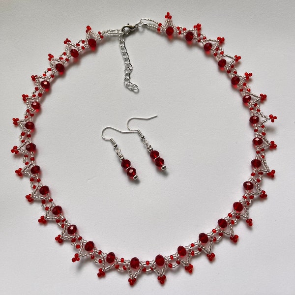Red Crystal glass Bead NECKLACE set earrings vintage style glass 16" womens evening wear silver