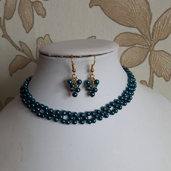 TEAL bead choker necklace set glass pearls matching earrings womens gold plated