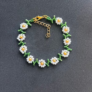 White daisy seed bead anklet yellow green glass womens boho anklet floral summery gift trinket image 2