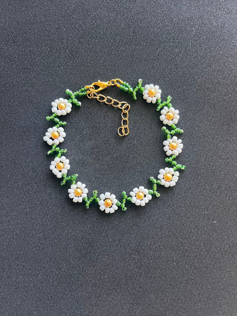 White daisy seed bead anklet yellow green glass womens boho anklet floral summery gift trinket image 2