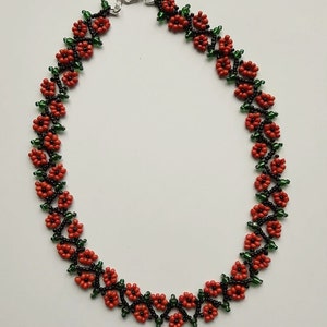 Floral Seed Bead Necklace, Red Black Boho Jewelry (16-18")