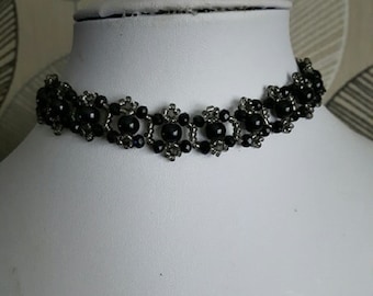 Black Pearl & Crystal Beaded CHOKER necklace VINTAGE style glass 13" women’s gift present ladies chain bead art deco style
