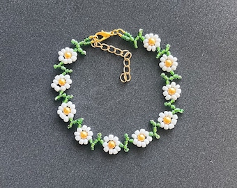 White daisy seed bead anklet yellow green glass womens boho anklet floral