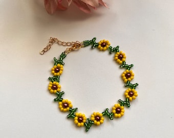 Sunflower seed bead anklet yellow green glass womens boho anklet floral