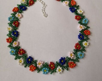 Floral FLOWER daisy seed BEAD necklace weave multi coloured  BOHO 16"-18" glass beaded