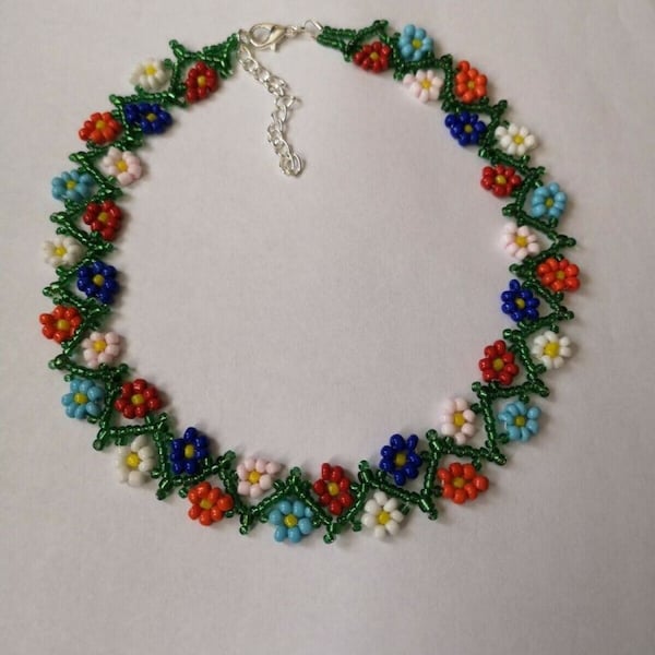 Floral FLOWER daisy seed BEAD necklace weave multi coloured  BOHO 16"-18" glass beaded