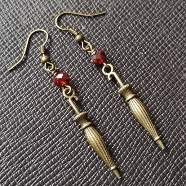 Steampunk umbrella charm drop earrings RED bead detail bronze hooks art deco design 50mm