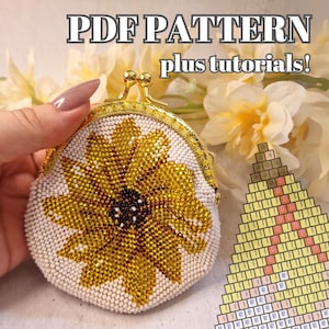 May include: A beaded coin purse featuring a sunflower design. The purse has a white base, gold clasp and trim. The sunflower is yellow and brown. Text above reads "PDF PATTERN plus tutorials!"