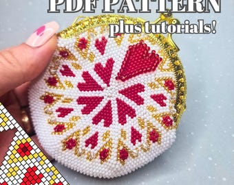 Bead crochet Coin Purse PDF Pattern Hearts Valentine - Plus detailed tutorials - PDF pattern for bead coin purse - Bead crochet pattern