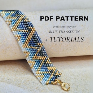May include: A beaded bracelet with a blue, white, and gold color scheme. The bracelet is made with even count peyote stitch and has a clasp closure. The image includes the text "PDF PATTERN even count peyote BLUE TRANSITION + TUTORIALS".