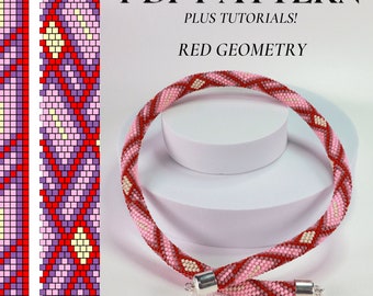 Bead crochet PDF pattern plus tutorials Red geometry - PDF pattern for bead necklace - Bead crochet pattern - Bead crochet tutorial