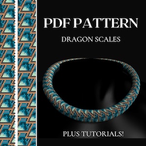 May include: A PDF pattern for a beaded necklace with a dragon scale design. The pattern includes instructions and tutorials. The necklace is made with blue, green, and orange beads.
