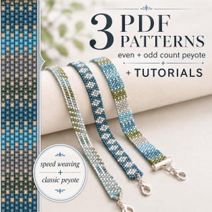 May include: Three beaded bracelets in shades of blue, green, and white, with silver clasps. The image includes a pattern chart and text that reads "3 PDF PATTERNS even + odd count peyote + TUTORIALS" and "speed weaving + classic peyote".