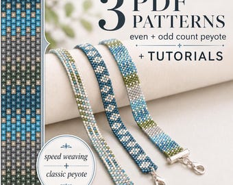3 Peyote Bracelet Patterns – Even and Odd Count Stitch PDFs with TUTORIALS - Classic peyote + Speed Weaving