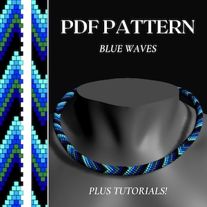 May include: PDF pattern for a beaded necklace with a blue, green, and black color scheme. The pattern is called "Blue Waves" and includes tutorials.