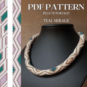 May include: A beaded necklace with a cream, teal, and gold pattern is displayed on a black mannequin. The necklace is a thick, twisted rope design. The image also shows a pattern chart with the text "PDF PATTERN PLUS TUTORIALS! TEAL MIRAGE."