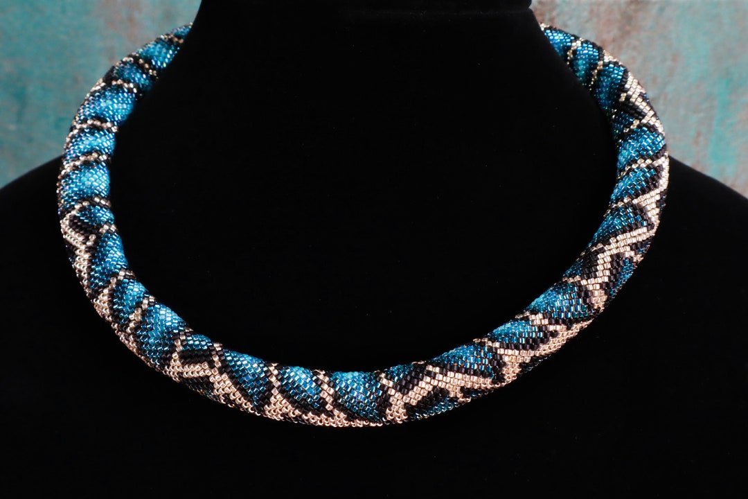 Bead Crochet Necklace Blue Snake Bead Necklace Blue Silver Necklace