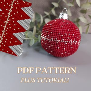 May include: A red beaded Christmas ornament with silver accents. The ornament is round and covered in small red beads. The text "PDF PATTERN PLUS TUTORIAL!" is displayed below the ornament.