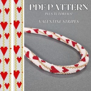 Könnte beinhalten: PDF-Muster für eine Perlenkette mit roten und weißen Herzmotiven und goldenen Akzenten. Das Muster enthält Anleitungen für Valentinstagsstreifen.