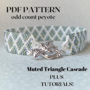 May include: A beaded bracelet with a muted triangle cascade pattern in white, green, and silver beads. The bracelet is made using odd count peyote stitch and has a silver dragonfly clasp. The image includes the text "PDF PATTERN odd count peyote Muted Triangle Cascade PLUS TUTORIALS!"