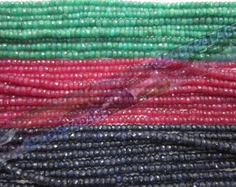 3 STRANDS Emerald, Ruby, Sapphire micro faceted rondelle 3.5-4.5mm, 145 pieces in each strand
