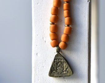 Orange Ethnic Necklace - Boho Necklace - Kuchi Necklace - Beaded Necklaces  - Ethnic Necklace - Vintage Charms Necklace