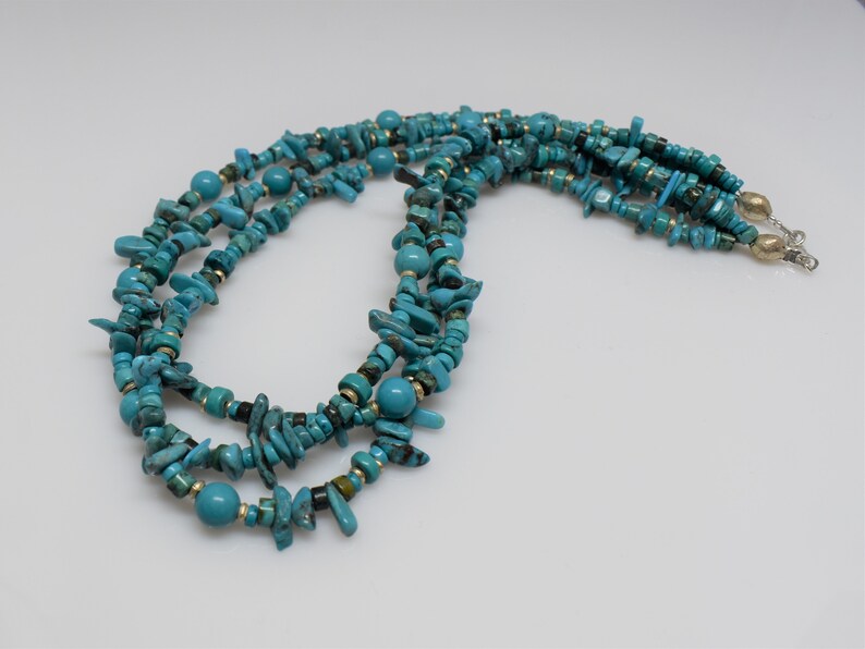 Turquoise Necklace Gemstone Necklace Genuine Turquoise Jewellery Beaded Necklaces Short Necklace -Three Strand Necklace
