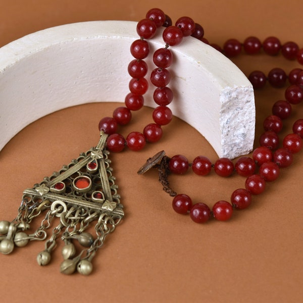 Rote Ethno-Halskette – Anhänger-Halskette – afghanischer kasachischer Schmuck – Jade-Schmuck – Edelstein-Halskette – Rote Halskette