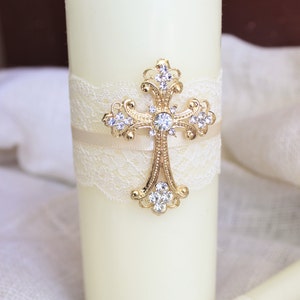 Unity Candle Set Gold Cross Candle Set, Church Wedding Unity Candles for Wedding, Lace Unity Candle Set Gold Wedding Cross Christian Wedding image 2