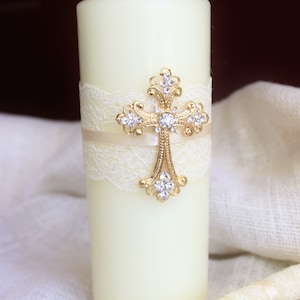 Unity Candle Set Gold Cross Candle Set, Church Wedding Unity Candles for Wedding, Lace Unity Candle Set Gold Wedding Cross Christian Wedding image 1