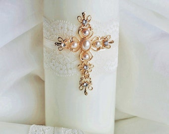 Unity Candle Set Gold Cross Candle Set, Church Wedding Unity Candles for Wedding, Gold and Pearl Wedding Candle Set Cross Christian Wedding