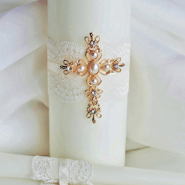 Unity Candle Set Gold Cross Candle Set, Church Wedding Unity Candles for Wedding, Gold and Pearl Wedding Candle Set Cross Christian Wedding