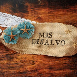 Nautical Starfish Burlap Garter Custom Personalized Last Name Garter Monogrammed Vintage Ocean Beach Wedding Garter Marine blue, teal image 4