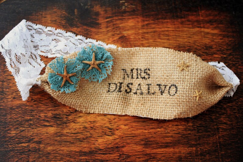 Nautical Starfish Burlap Garter Custom Personalized Last Name Garter Monogrammed Vintage Ocean Beach Wedding Garter Marine blue, teal image 4