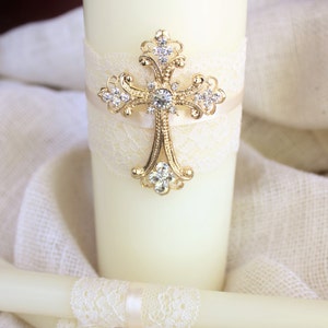 Unity Candle Set Gold Cross Candle Set, Church Wedding Unity Candles for Wedding, Lace Unity Candle Set Gold Wedding Cross Christian Wedding image 3