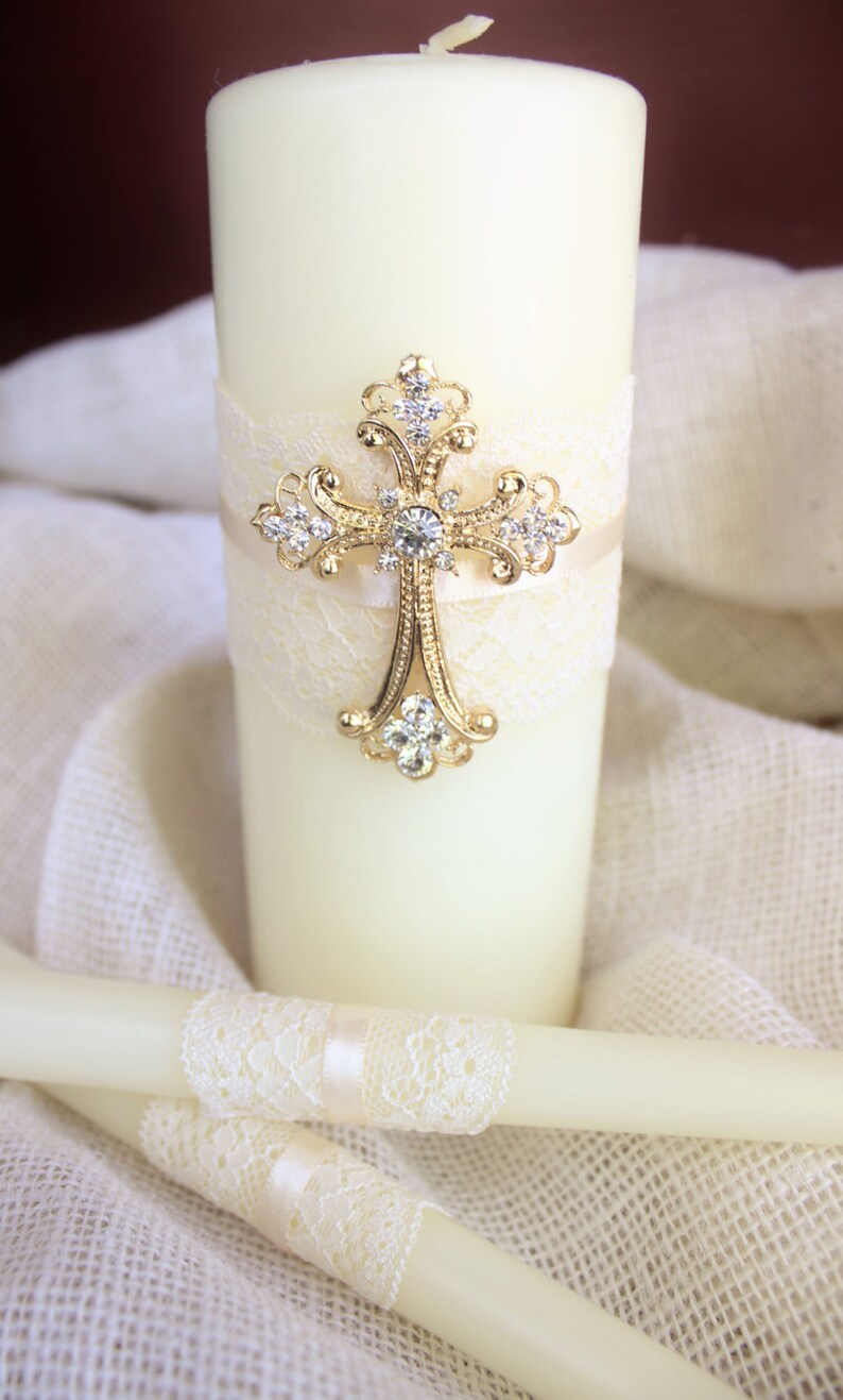 Unity Candle Set Gold Cross Candle Set, Church Wedding Unity Candles for Wedding, Lace Unity Candle Set Gold Wedding Cross Christian Wedding image 3