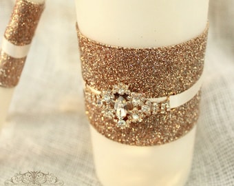 Gold Wedding Unity Candles white OR ivory - White Unity Candle W/ Gold Rhinestone unity candle set with lace and bling, candles for wedding