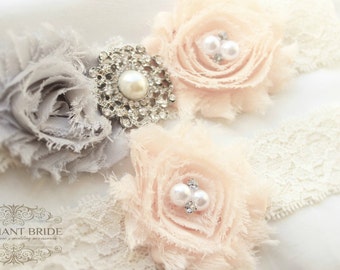 Blush and Gray Wedding Garter Set - Blush Pink Lace Bridal Garter Plus size garder belt Wedding Accessories Grey and Pink Wedding Garter Set