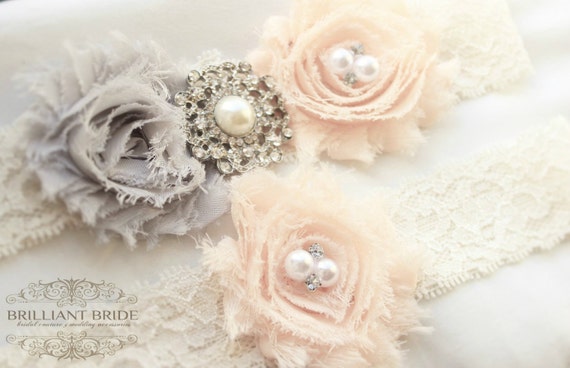 Blush and Gray Wedding Garter Set Blush Pink Lace Bridal | Etsy