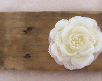 Ivory Wedding Hair Flower, Lace Rose Hair Accessories w/ Pearls, Bridal Hair Flower Clip, Lotus flower, wedding hair piece, hair accessory