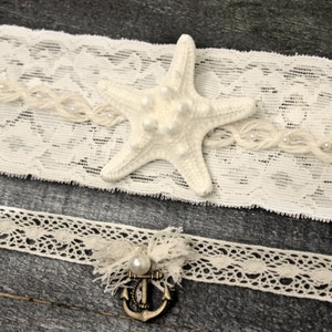 Nautical Anchor and Starfish Wedding Garter Lace and Twine Netting Navy Garter, Beach Wedding Accessory, Lace Garter Ocean Wedding Garter image 5